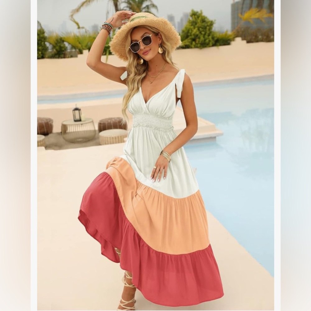 DEEP SELF Summer Tie Strap Maxi Dress Ruffle Hem Dress Long Flowy White-Pink